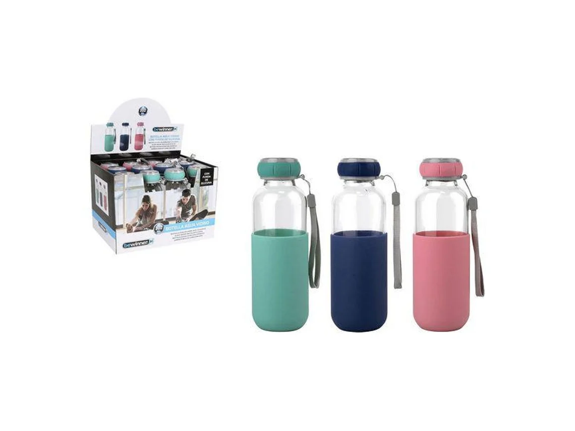 GARRAFA AGUA VIDRO SILIC. 300ML BE01019972558 1 Garrafa de Vidro com Capa de Silicone 300ML Bewinner - Image 1