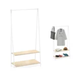Cabide Metal Branco com 2 Prateleiras de Madeira