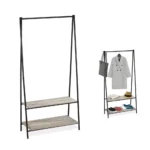 Cabide Metal Preto com 2 Prateleiras de Madeira